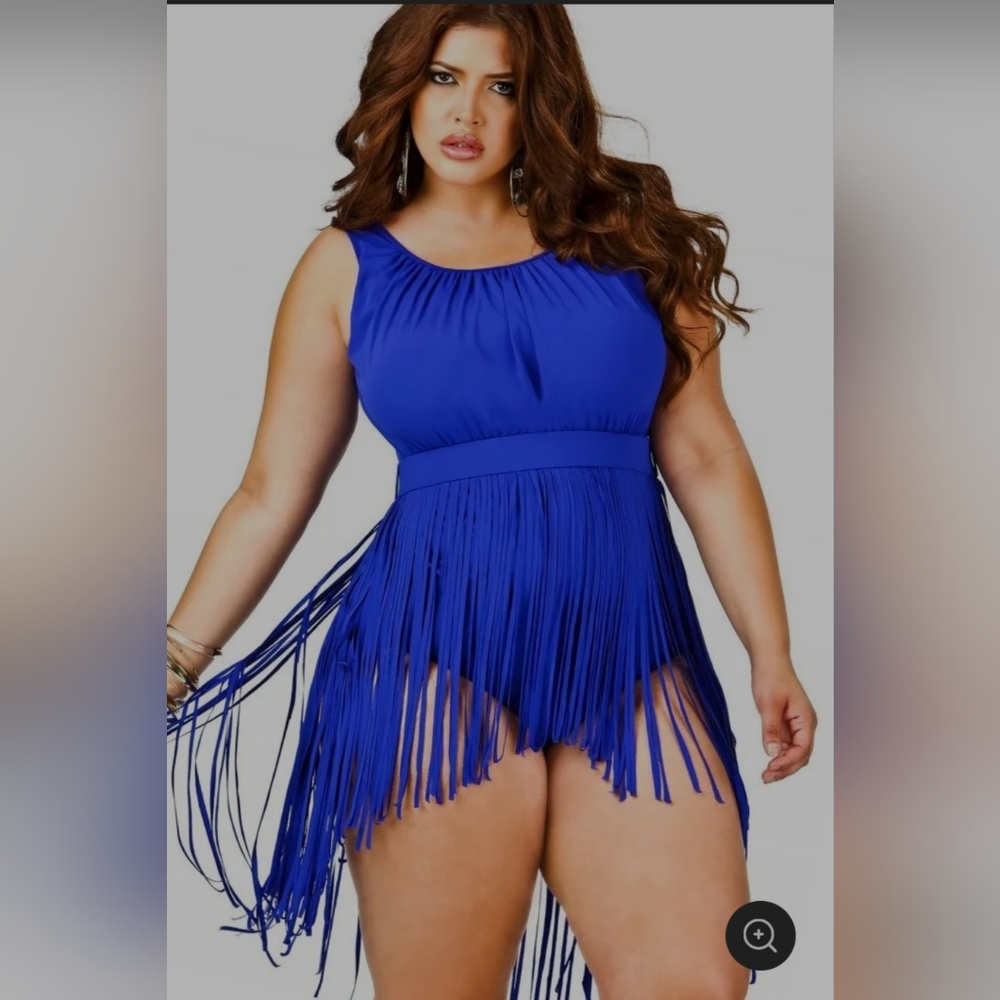 Plus Size Women's Blue One Piece Tassel Swim Suit